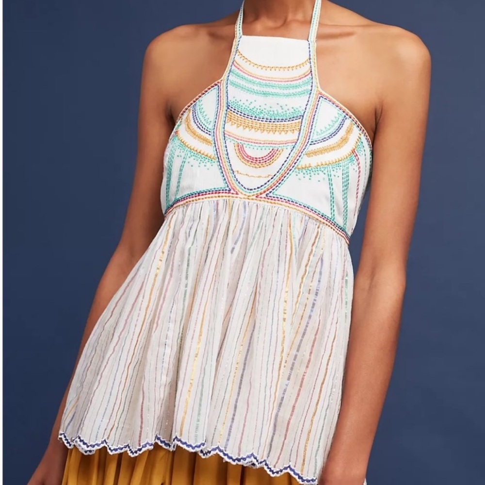 Anthro Tie Neck Itzel Halter Sleeveless Blouse w/ Embroidered Details |Small